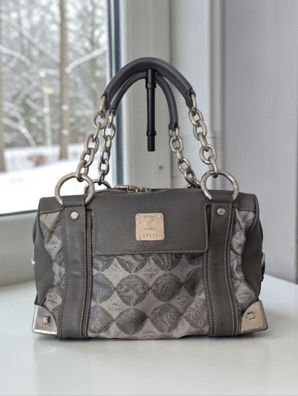 MCM Gray and Silver Harlequin Satchel with Dust Bag